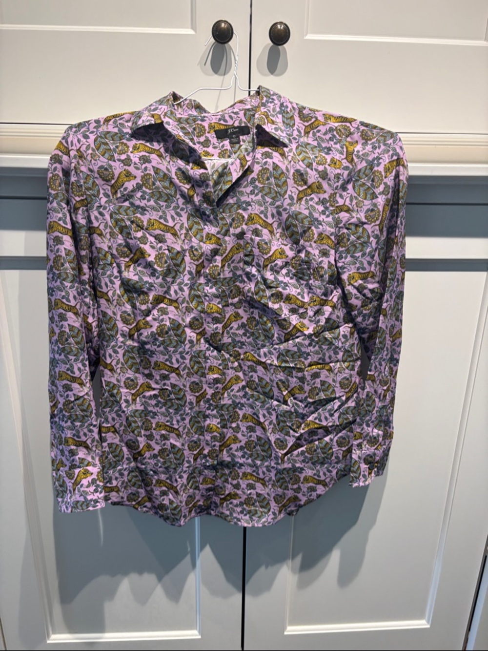 J. Crew Lavender Button-Down Shirt with Tiger and Green and Gold Botanical Print - Picture 1 of 6
